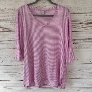 Chico's Women's 100%Linen V-Neck Knit Purple Striped Top Size 1 US. Medium